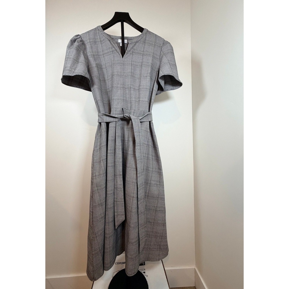 Liz Claiborne Grey Glen Plaid Midi Dress Short Flutter Sleeve Tie Waist Size 10